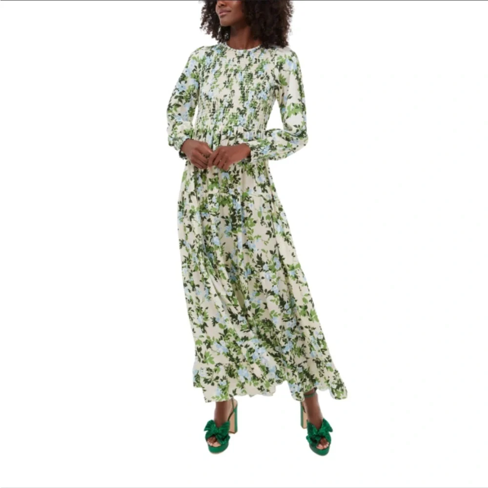 Tuckernuck - Beige w/ Blue & Green Floral Print Smocked Dress Sz XS - Picture 1 of 15